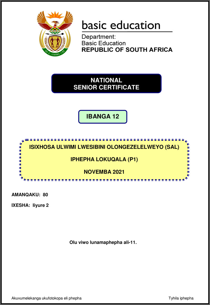 Grade 12 isiXhosa past paper 2021 – isixhosa sal p1 nov 2021 gr12