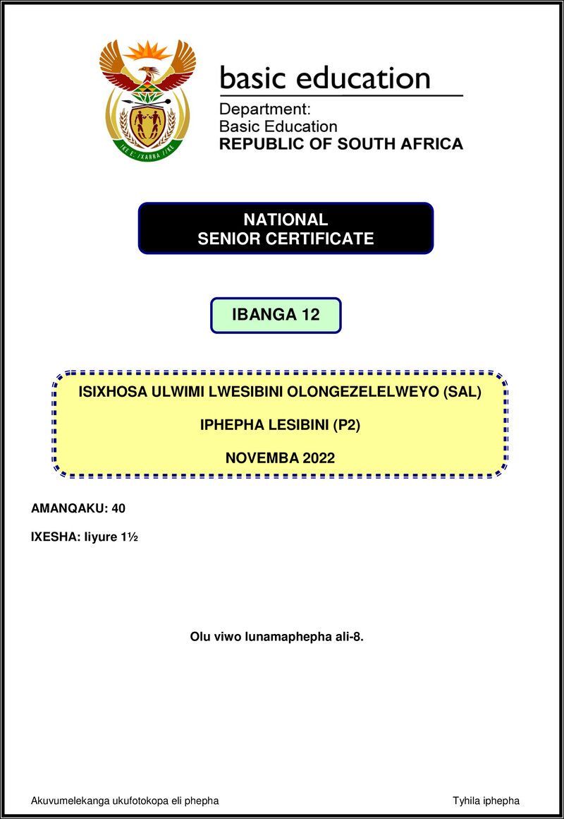 Grade 12 isiXhosa past paper 2022 – isixhosa sal p2 nov 2022 gr12