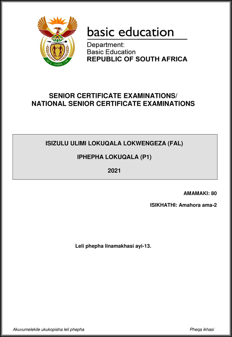 Isizulu Fal P1 May June 2021 Gr12