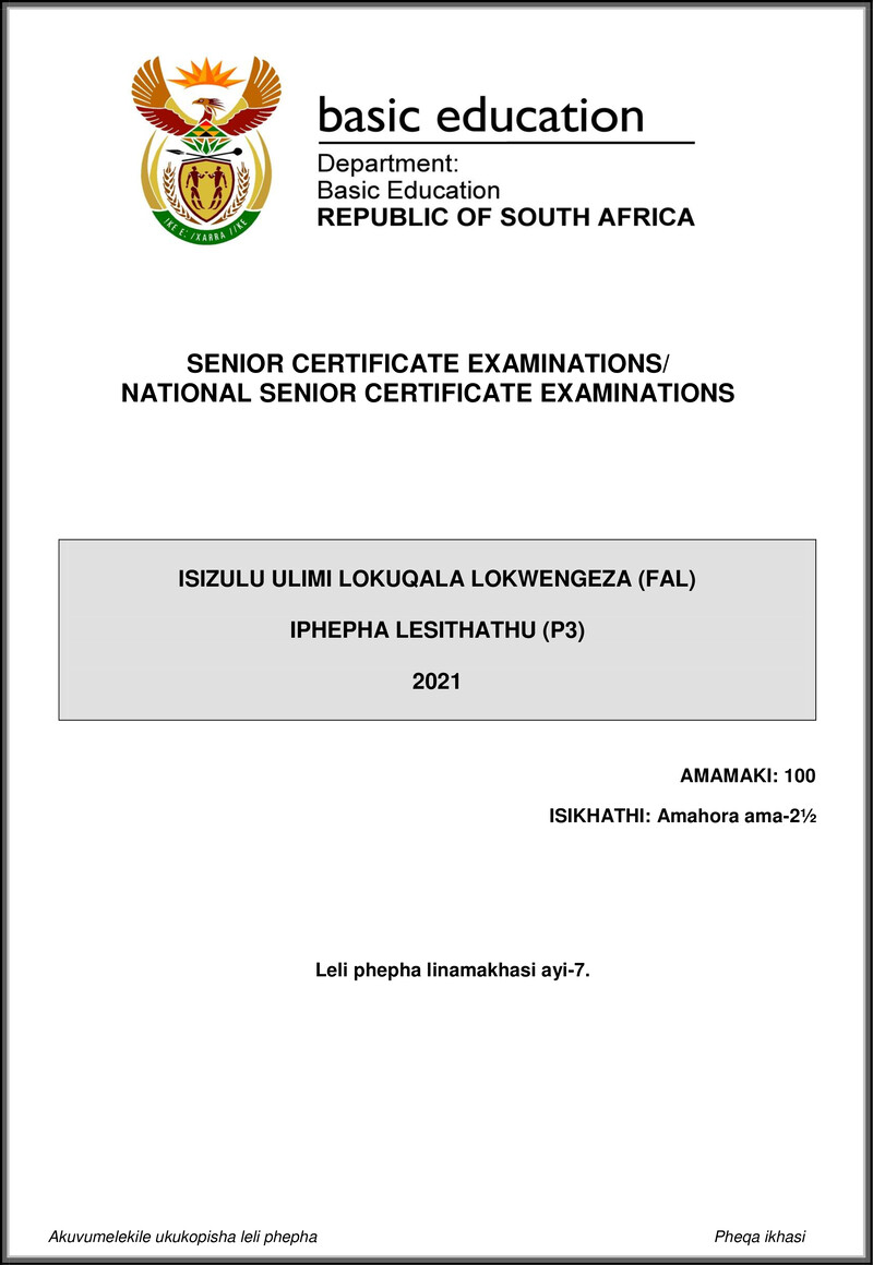 Isizulu Fal P3 May June 2021 Gr12