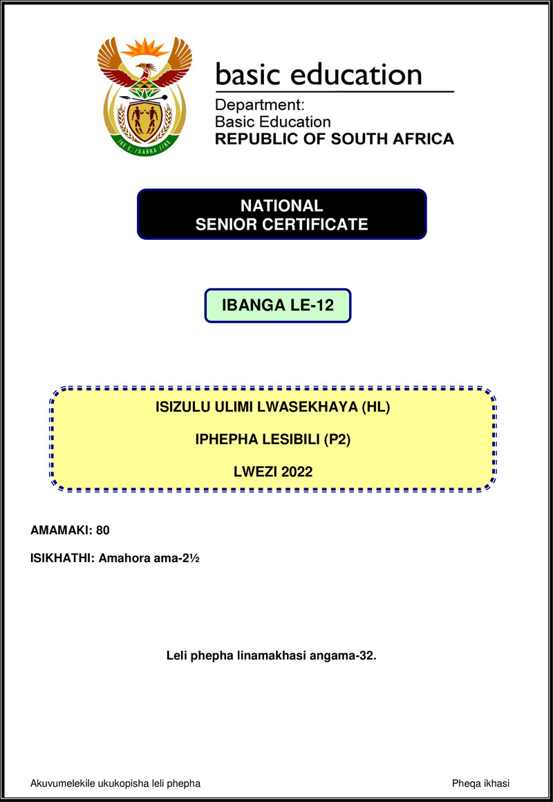 Isizulu Hl P2 Nov 2022 Gr12