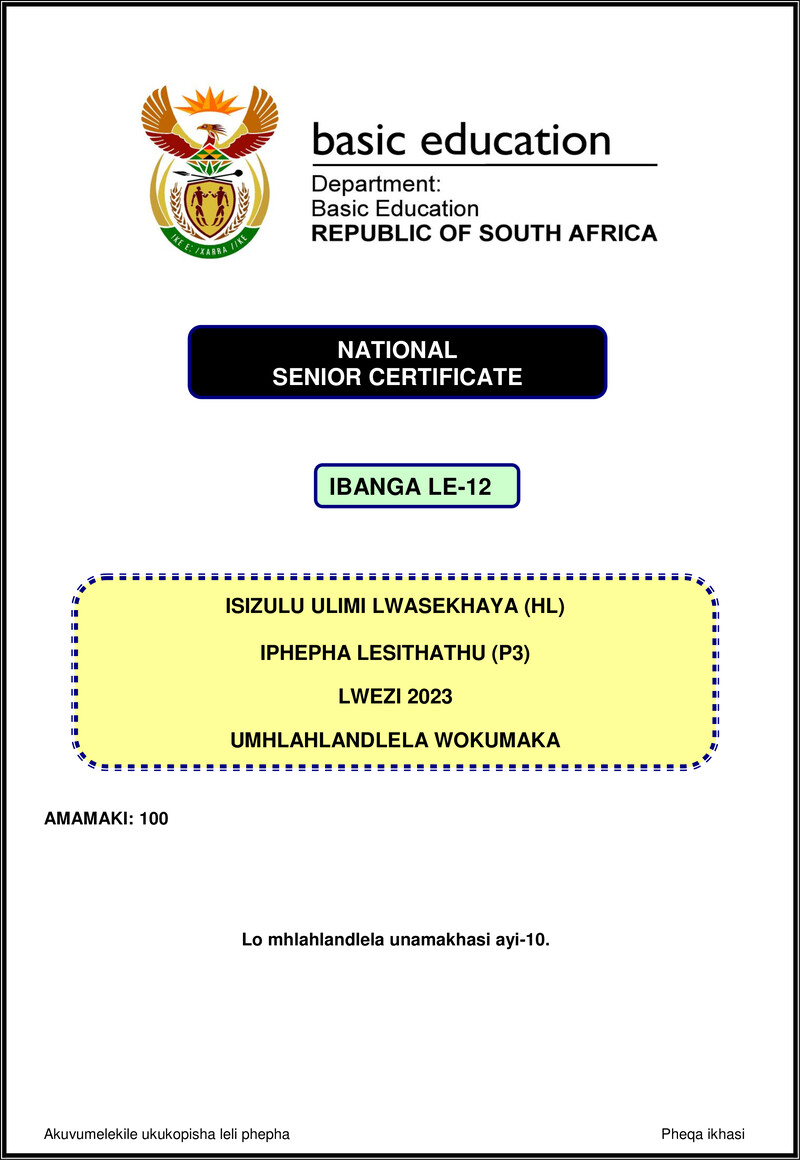 Isizulu Hl P3 Nov 2023 Mg Gr12