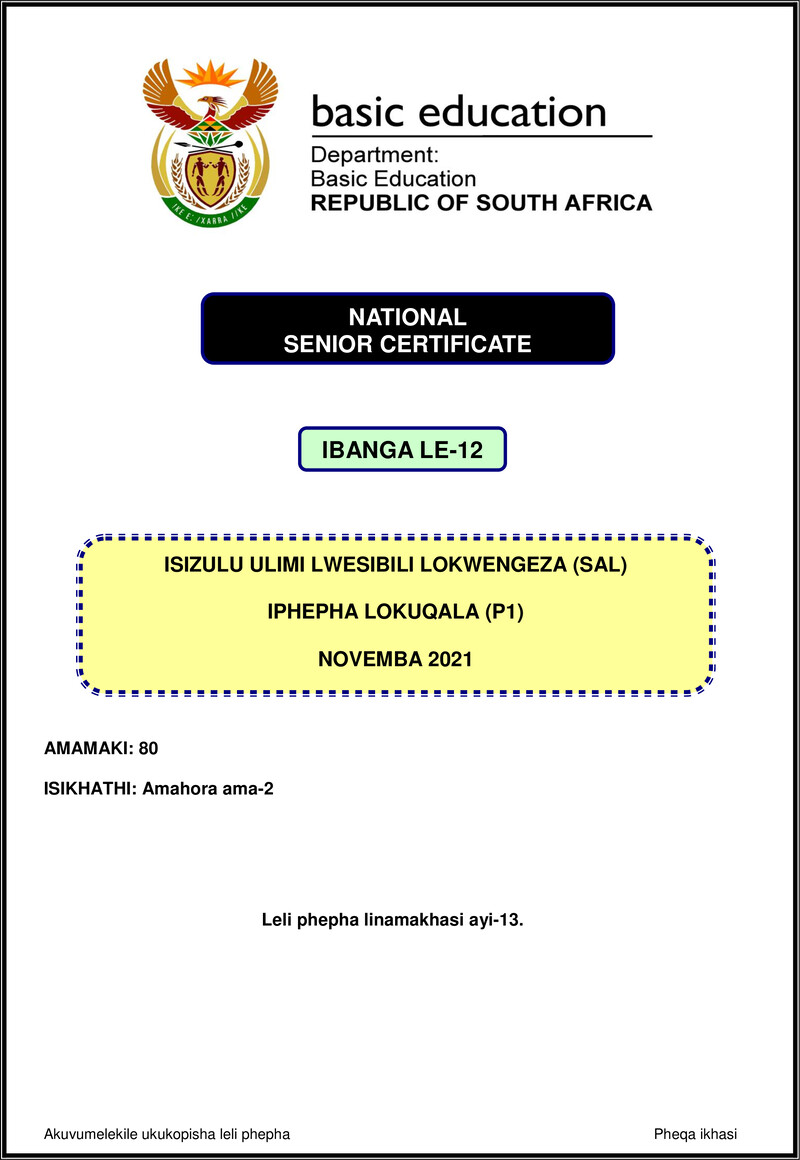 Isizulu Sal P1 Nov 2021 Gr12