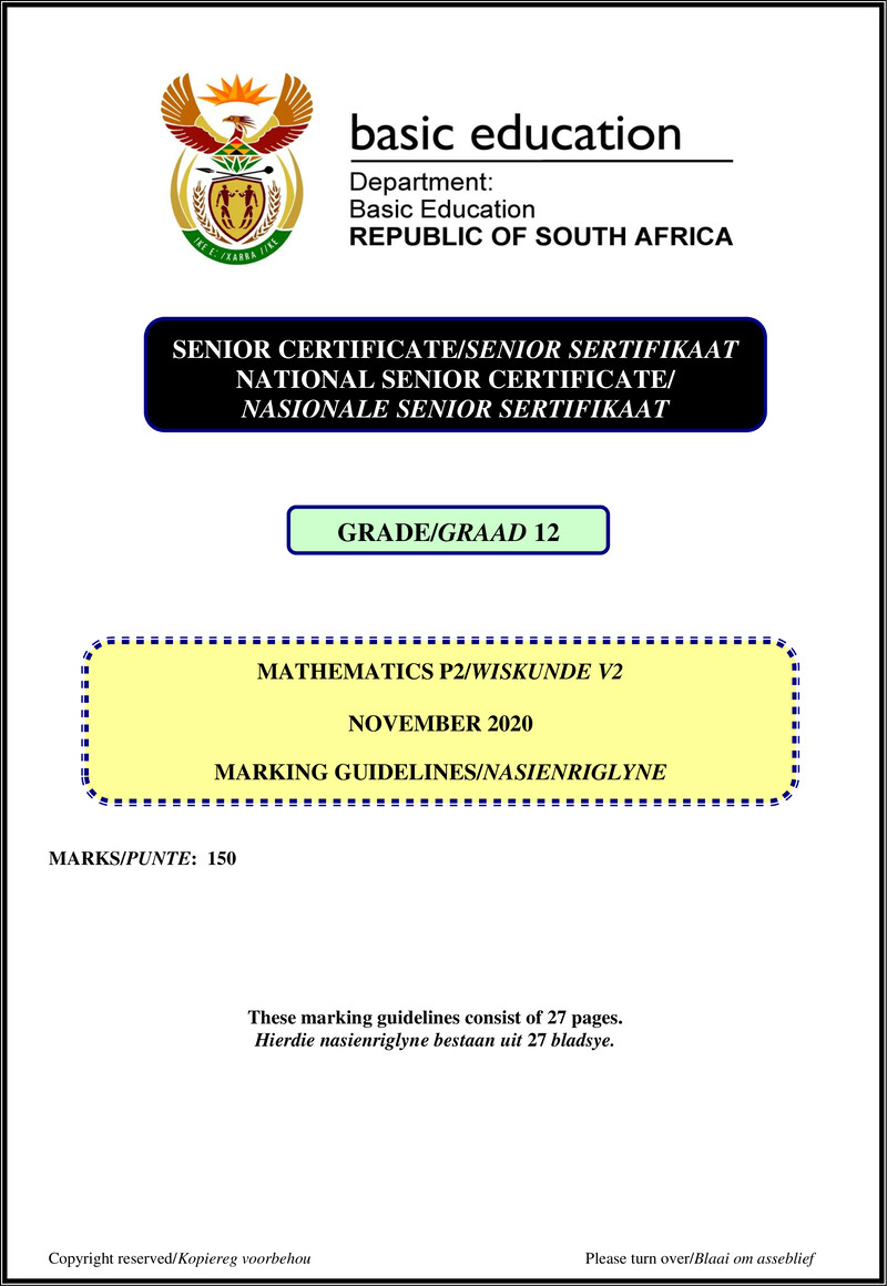 Grade 12 Mathematics past paper 2020 – mathematics p2 nov 2020 memo afr eng gr12