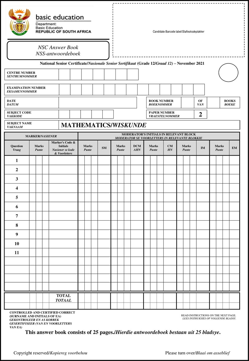 Grade 12 Mathematics past paper 2021 – mathematics p2 nov 2021 answer book eng afr gr12