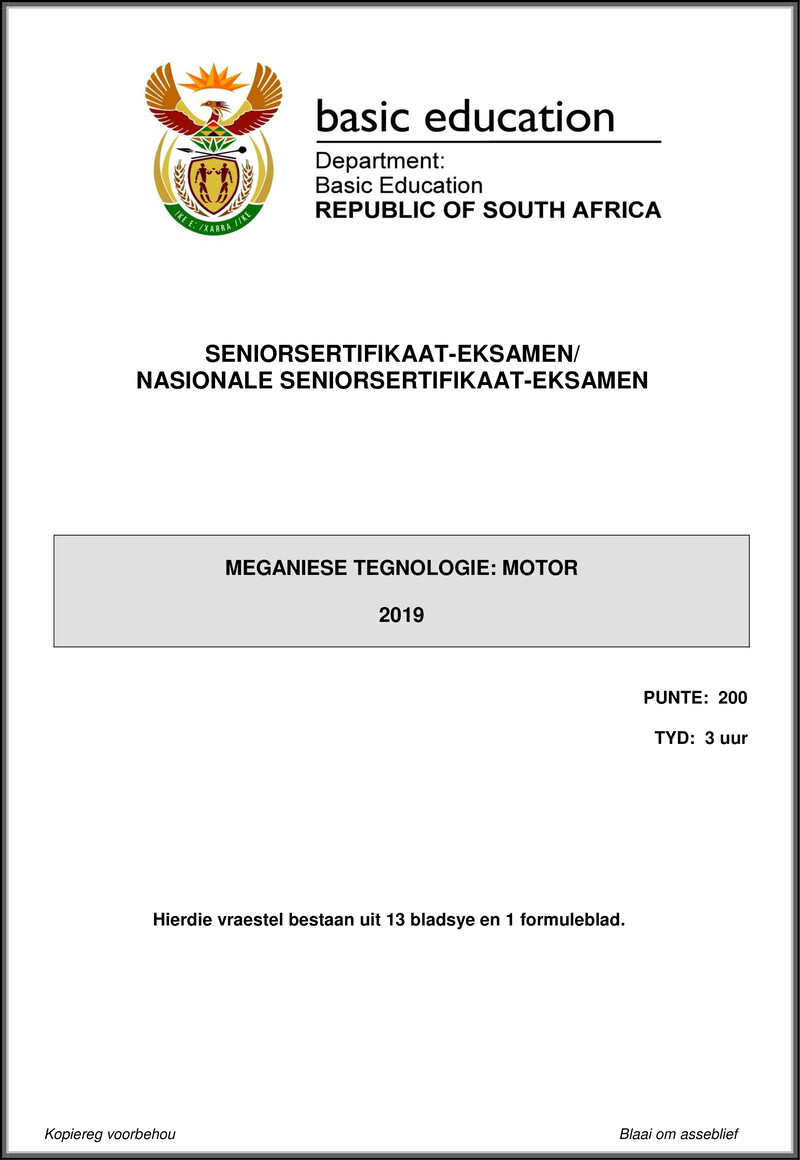 Grade 12 Mechanical Technology past paper 2019 – mechanical technology may june 2019 automotive afr gr12
