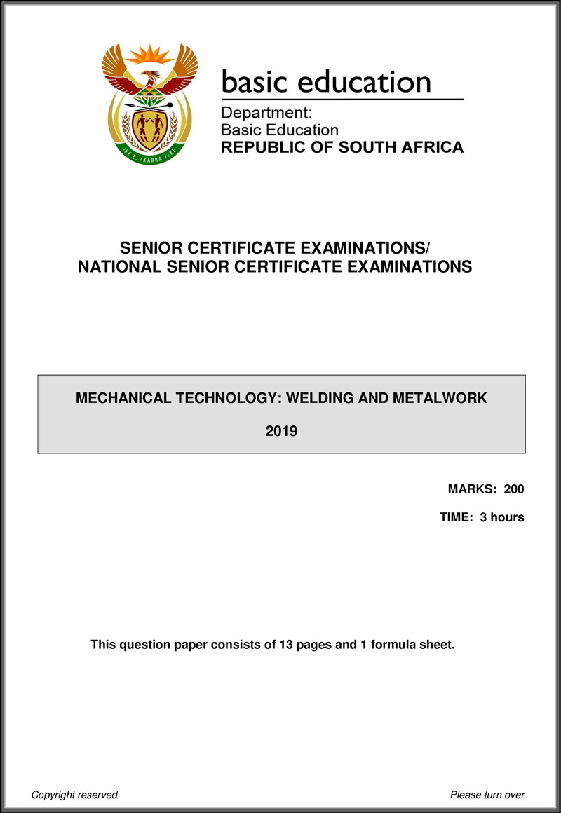 Grade 12 Mechanical Technology past paper 2019 – mechanical technology may june 2019 welding metalwork eng gr12