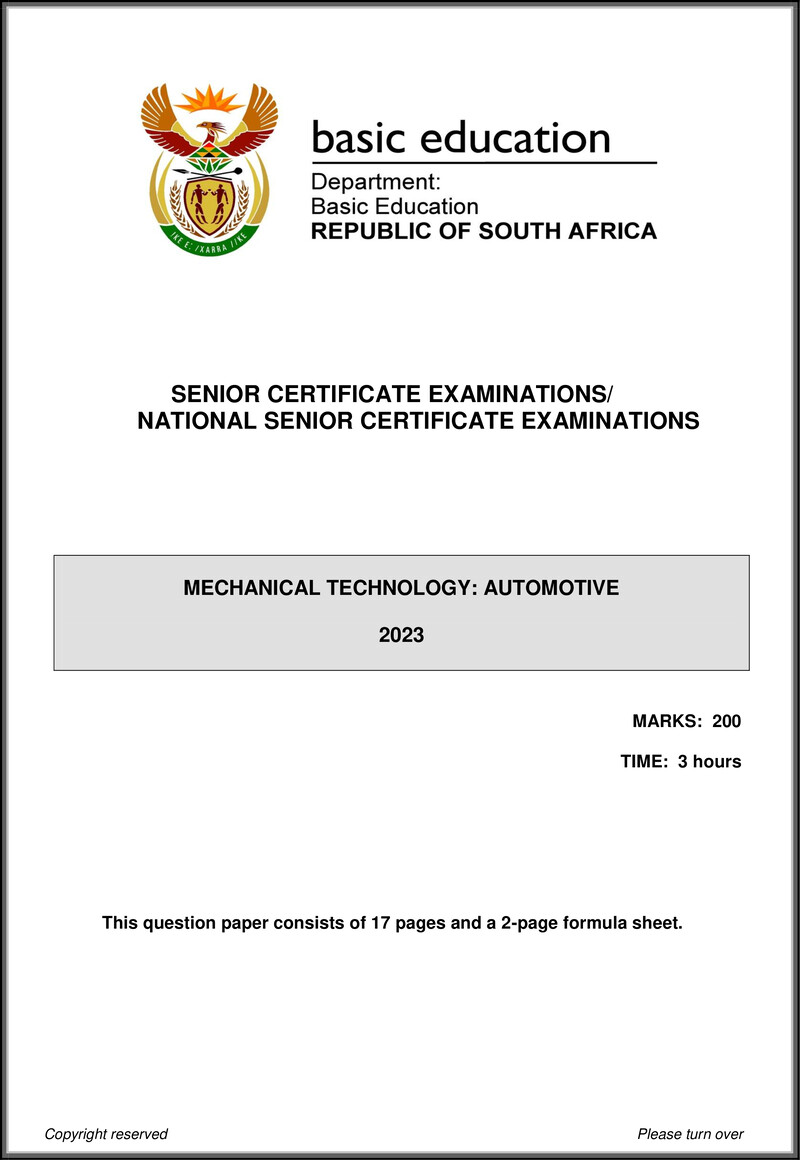 Grade 12 Mechanical Technology past paper 2023 – mechanical technology may june 2023 automotive eng gr12
