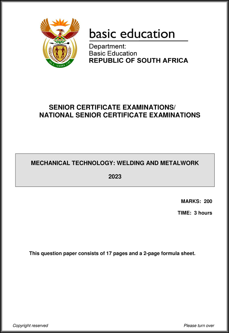 Grade 12 Mechanical Technology past paper 2023 – mechanical technology may june 2023 welding metalwork eng gr12