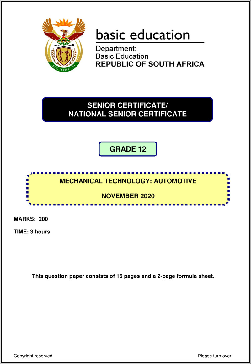 Grade 12 Mechanical Technology past paper 2020 – mechanical technology nov 2020 automotive eng gr12