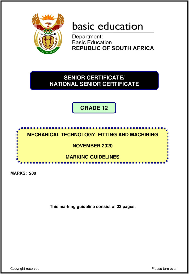 Grade 12 Mechanical Technology past paper 2020 – mechanical technology nov 2020 fitting machining memo eng gr12