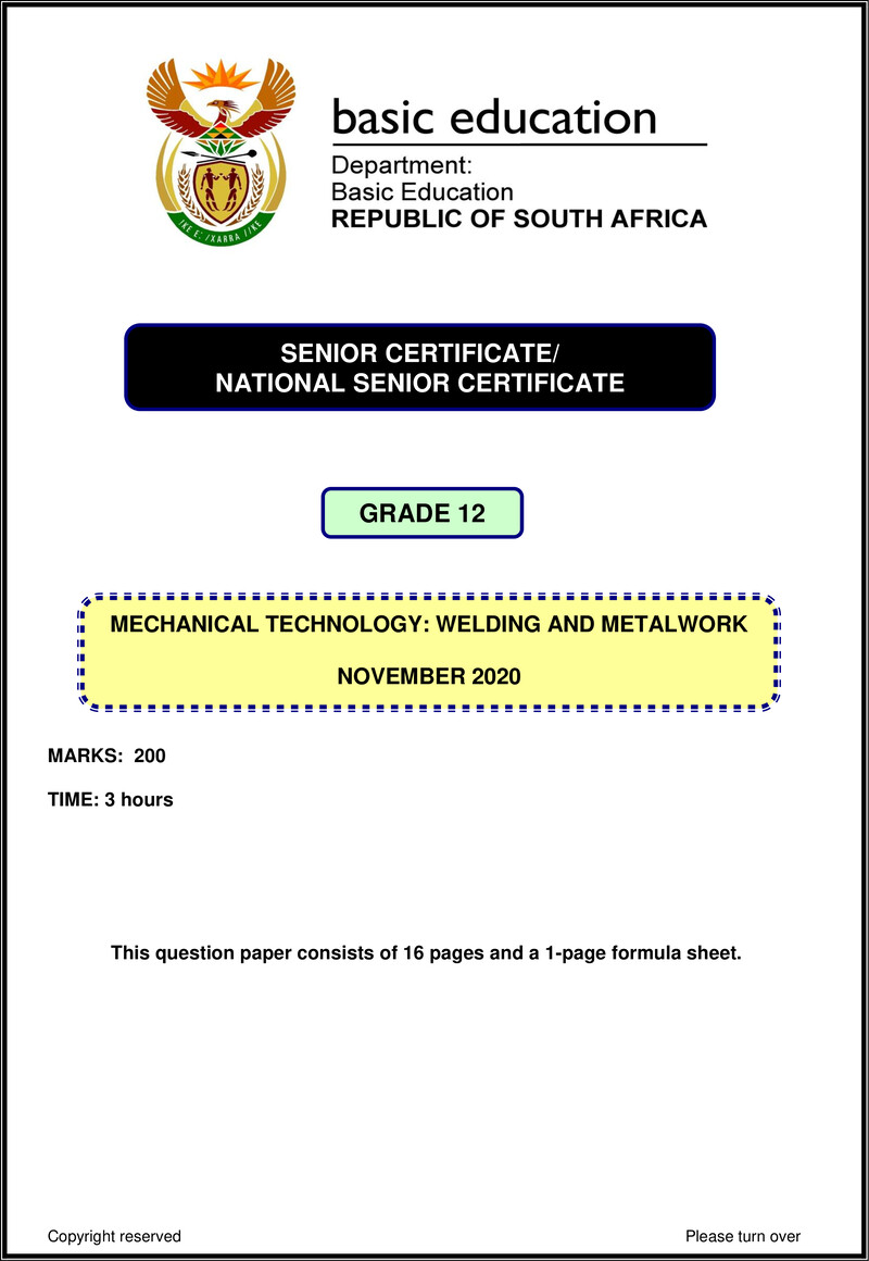Grade 12 Mechanical Technology past paper 2020 – mechanical technology nov 2020 welding metalwork eng gr12