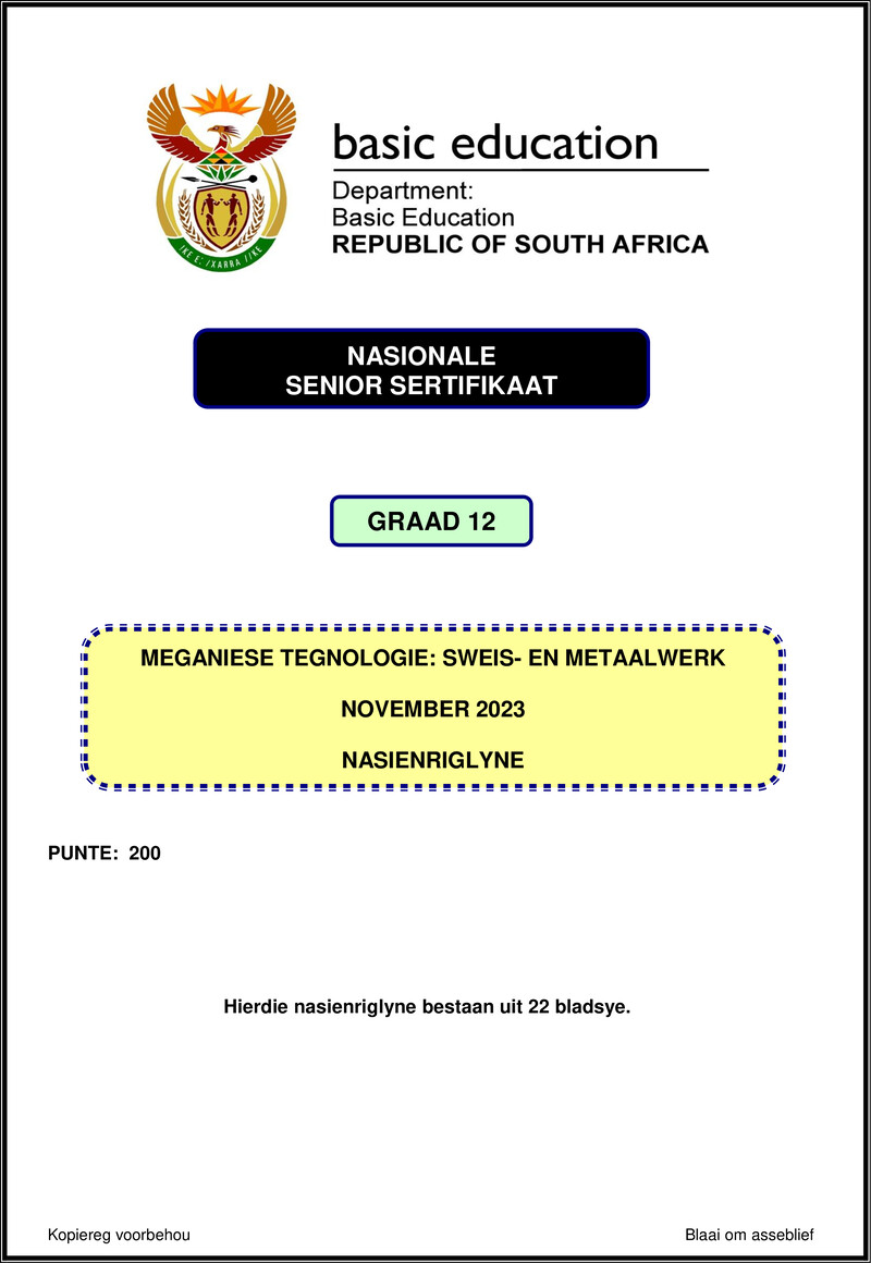 Grade 12 Mechanical Technology past paper 2023 – mechanical technology nov 2023 welding metal work mg afr gr12