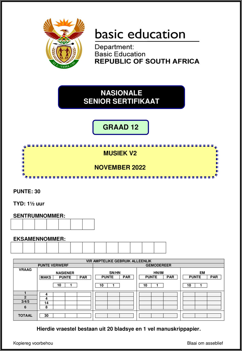 Grade 12 Music past paper 2022 – music p2 nov 2022 afr gr12