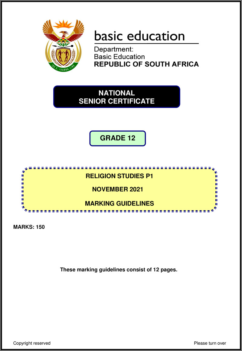 Grade 12 Religion Studies past paper 2021 – religion studies p1 nov 2021 mg eng gr12