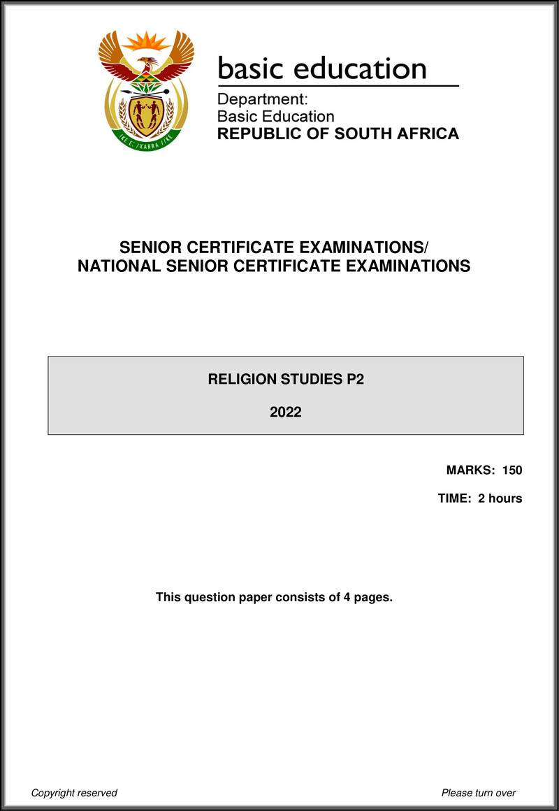 Grade 12 Religion Studies past paper 2022 – religion studies p2 may june 2022 eng gr12