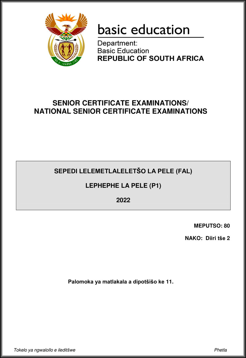 Grade 12 Sepedi past paper 2022 – sepedi fal p1 may june 2022 gr12