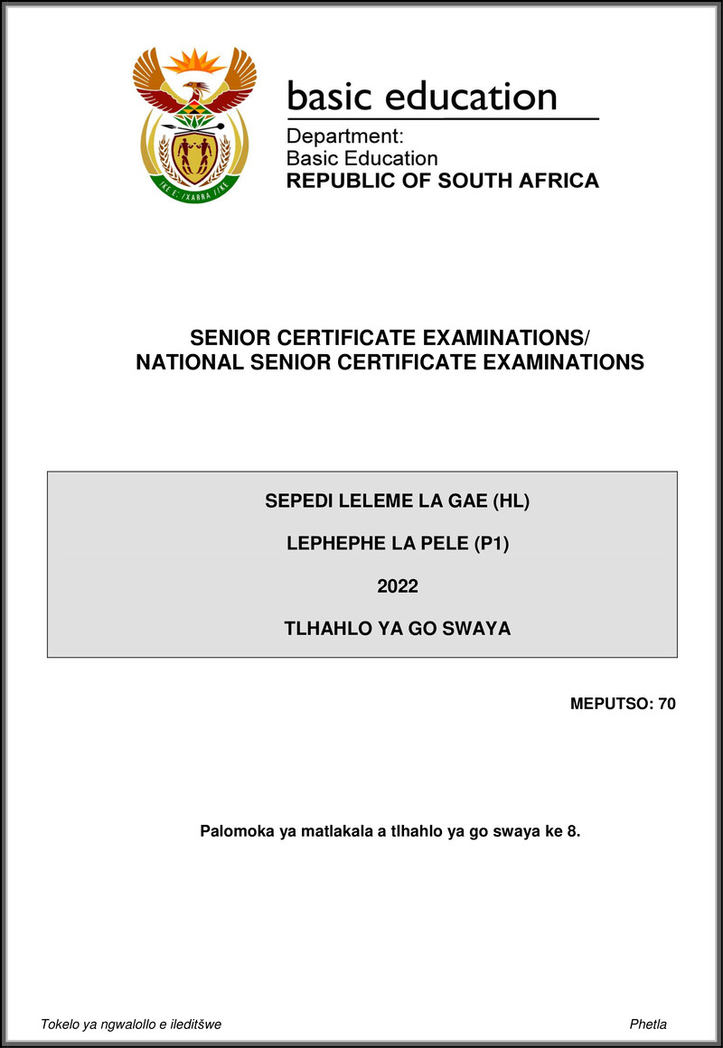 Grade 12 Sepedi past paper 2022 – sepedi hl p1 may june 2022 mg gr12