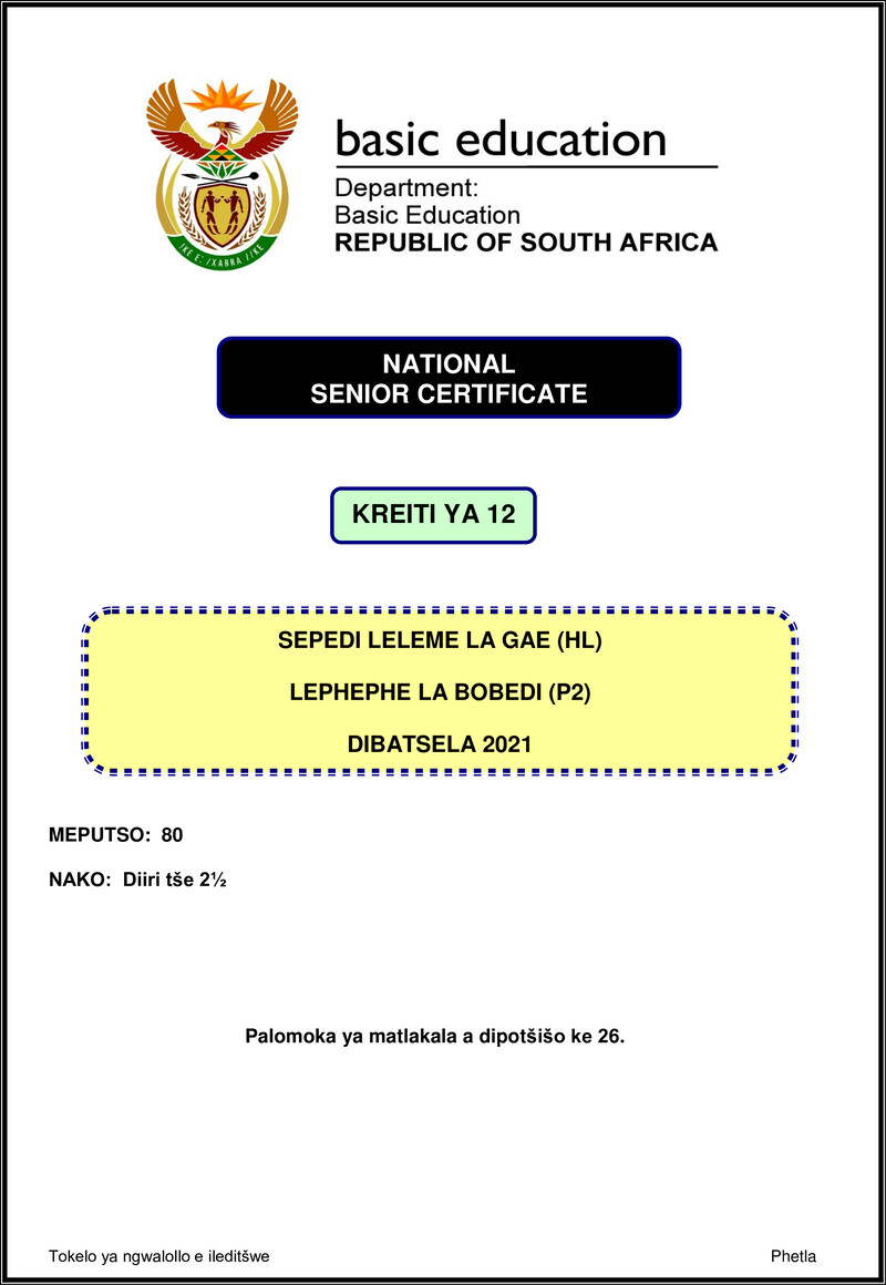 Grade 12 Sepedi past paper 2021 – sepedi hl p2 nov 2021 gr12