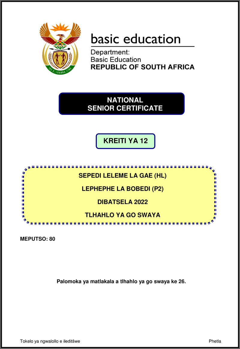 Grade 12 Sepedi past paper 2022 – sepedi hl p2 nov 2022 mg gr12