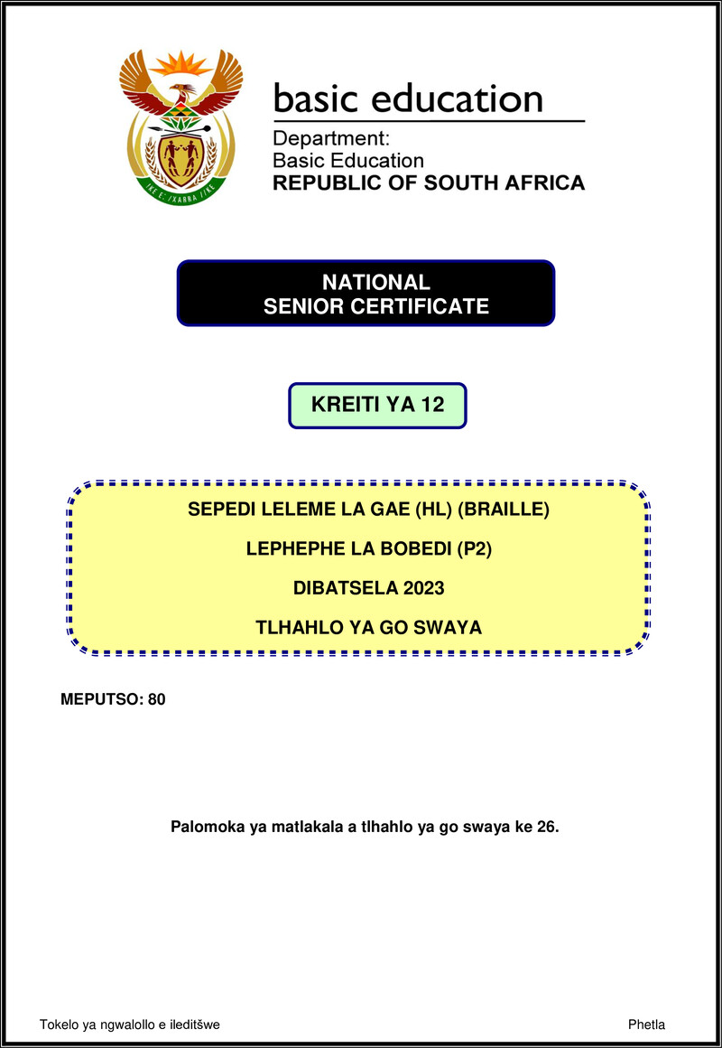 Grade 12 Sepedi past paper 2023 – sepedi hl p2 nov 2023 mg gr12