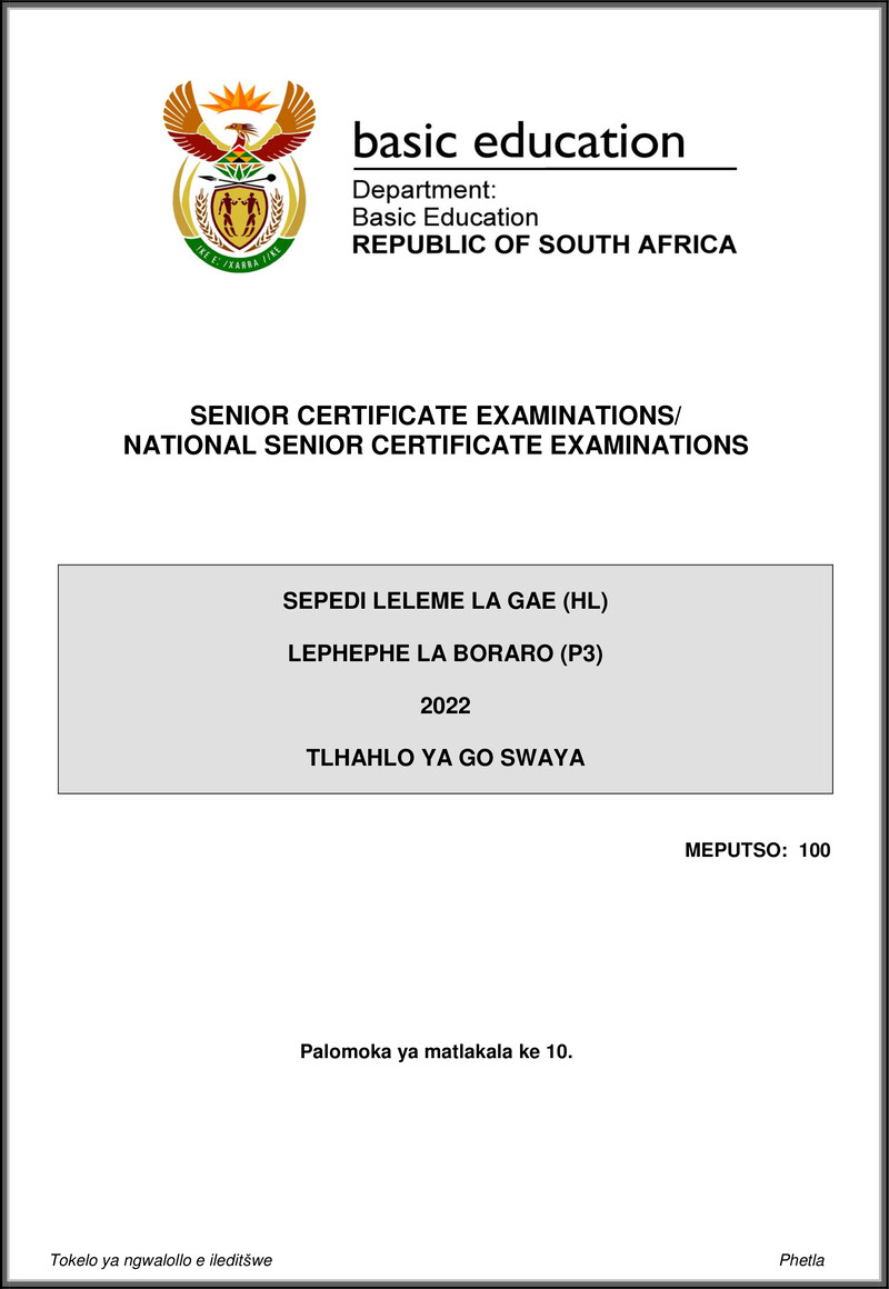Grade 12 Sepedi past paper 2022 – sepedi hl p3 may june 2022 mg gr12