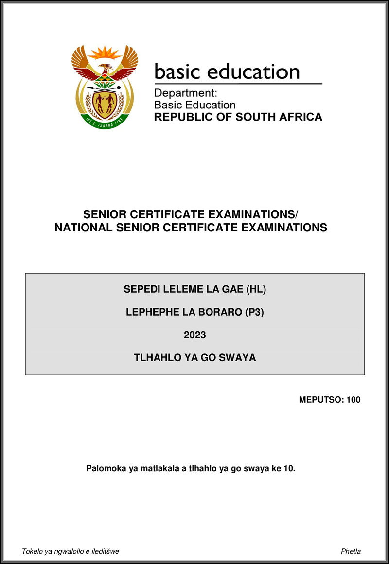 Grade 12 Sepedi past paper 2023 – sepedi hl p3 may june 2023 mg gr12