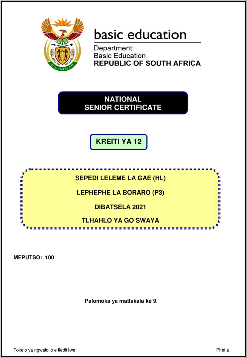Grade 12 Sepedi past paper 2021 – sepedi hl p3 nov 2021 mg gr12
