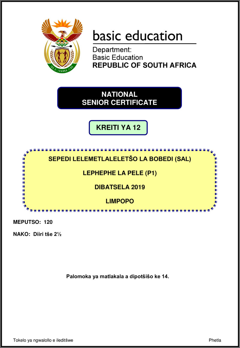 Grade 12 Sepedi past paper 2019 – sepedi sal p1 nov 2019 limpopo gr12