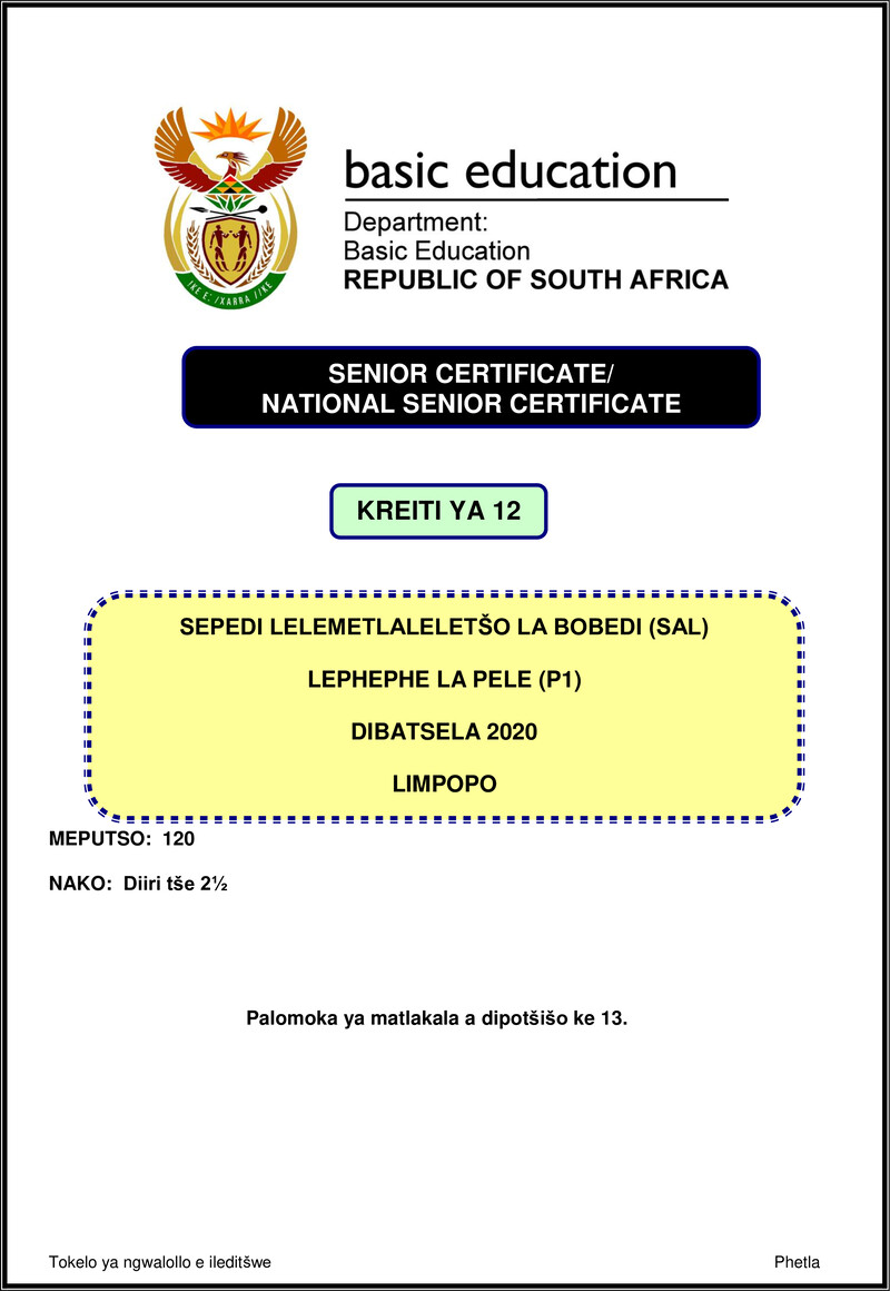 Grade 12 Sepedi past paper 2020 – sepedi sal p1 nov 2020 limpopo gr12