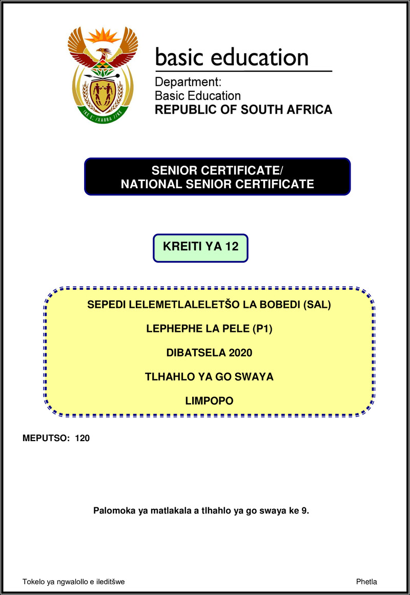 Grade 12 Sepedi past paper 2020 – sepedi sal p1 nov 2020 memo limpopo gr12