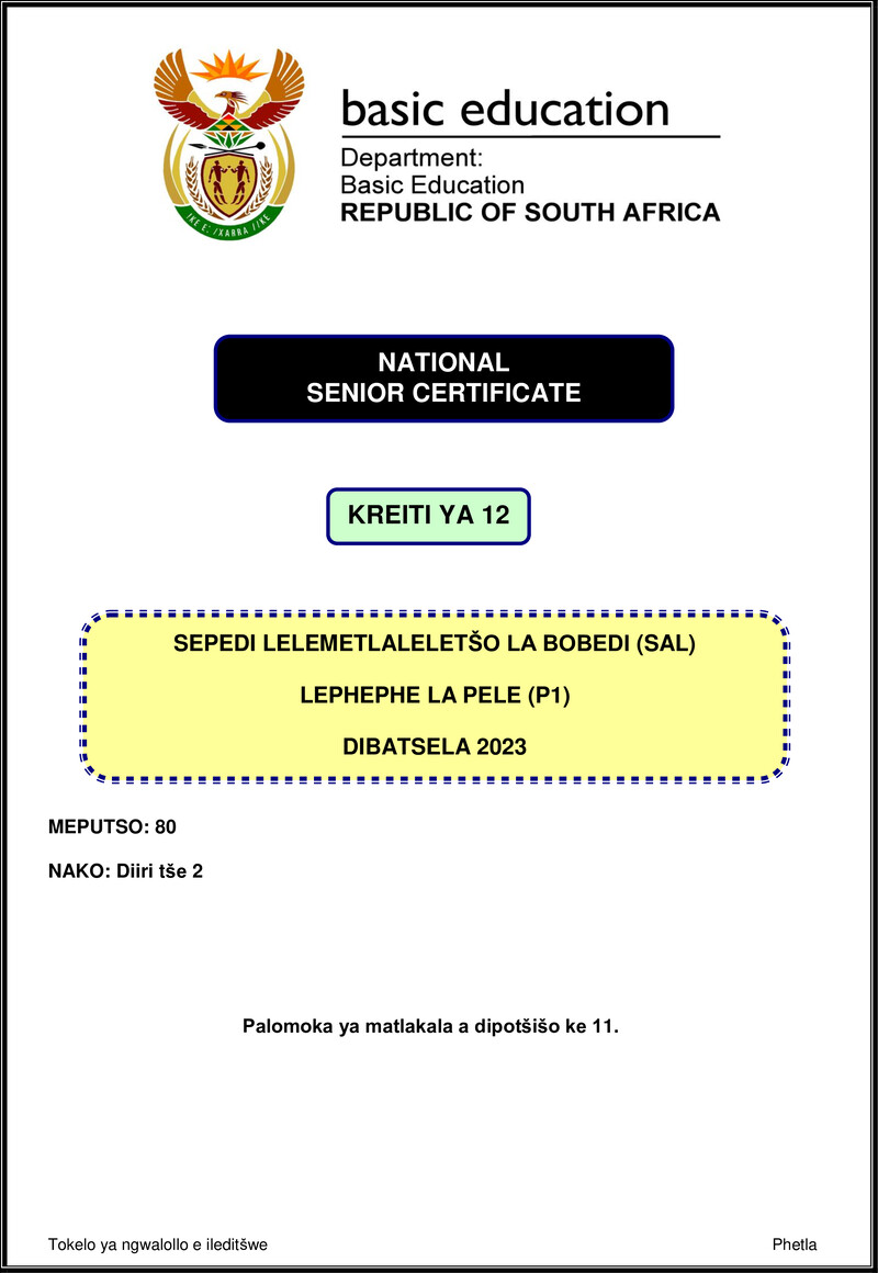 Grade 12 Sepedi past paper 2023 – sepedi sal p1 nov 2023 gr12
