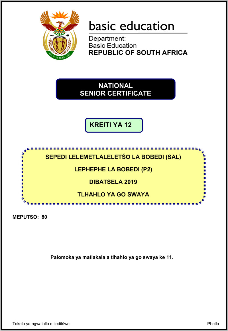 Grade 12 Sepedi past paper 2019 – sepedi sal p2 nov 2019 memo gr12