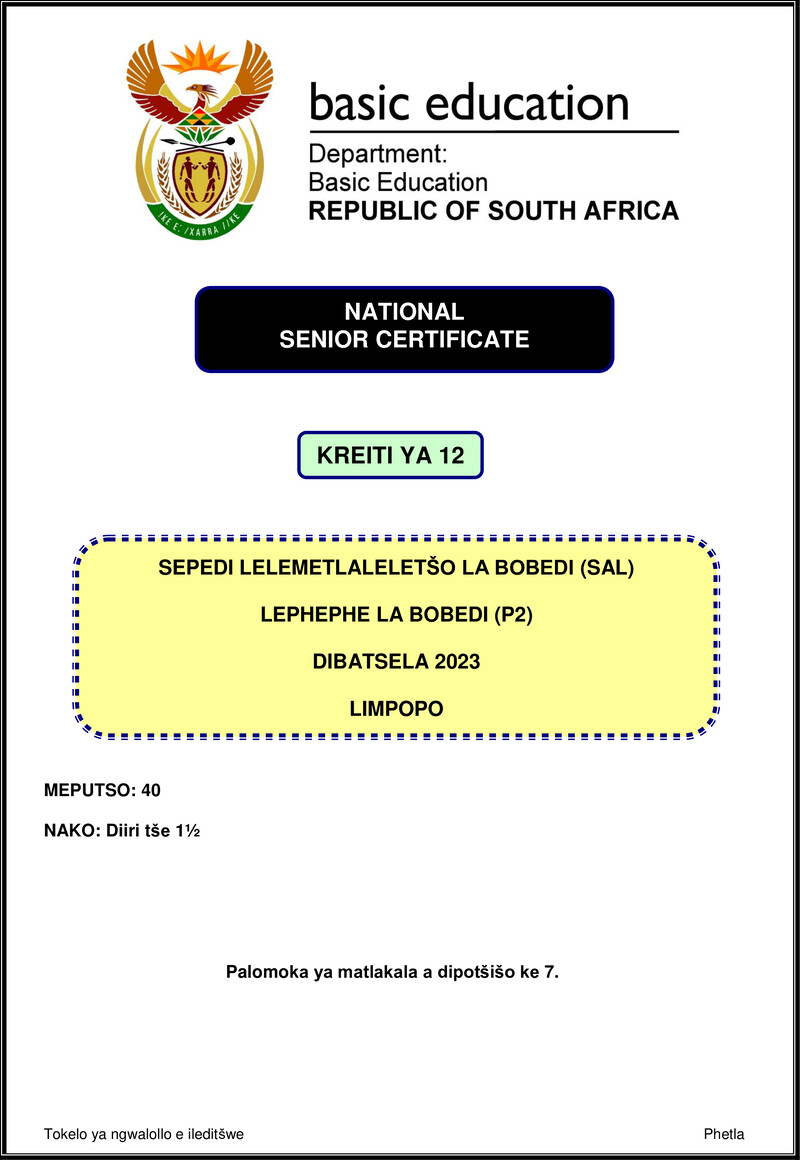 Grade 12 Sepedi past paper 2023 – sepedi sal p2 nov 2023 limpopo gr12