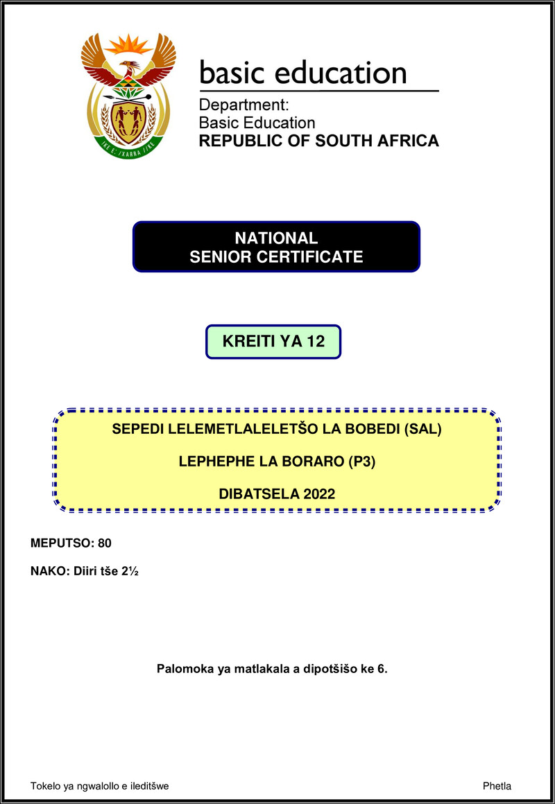 Grade 12 Sepedi past paper 2022 – sepedi sal p3 nov 2022 gr12