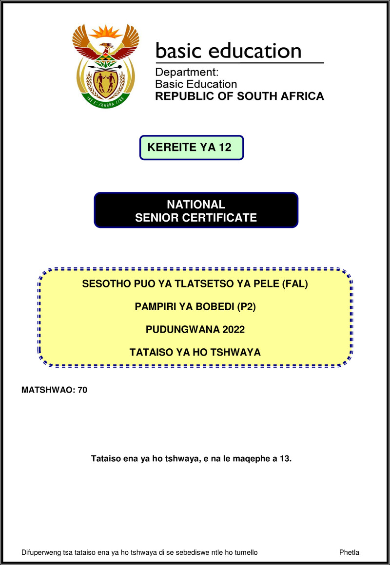 Sesotho Fal P2 Nov 2022 Mg Gr12