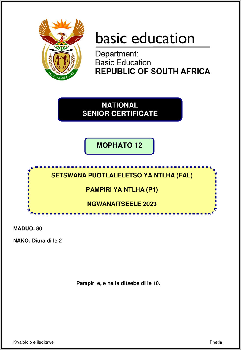 Setswana Fal P1 Nov 2023 Gr12
