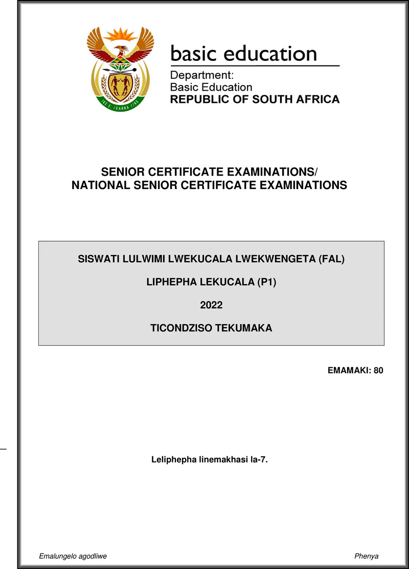 Grade 12 Siswati past paper 2022 – siswati fal p1 may june 2022 mg gr12