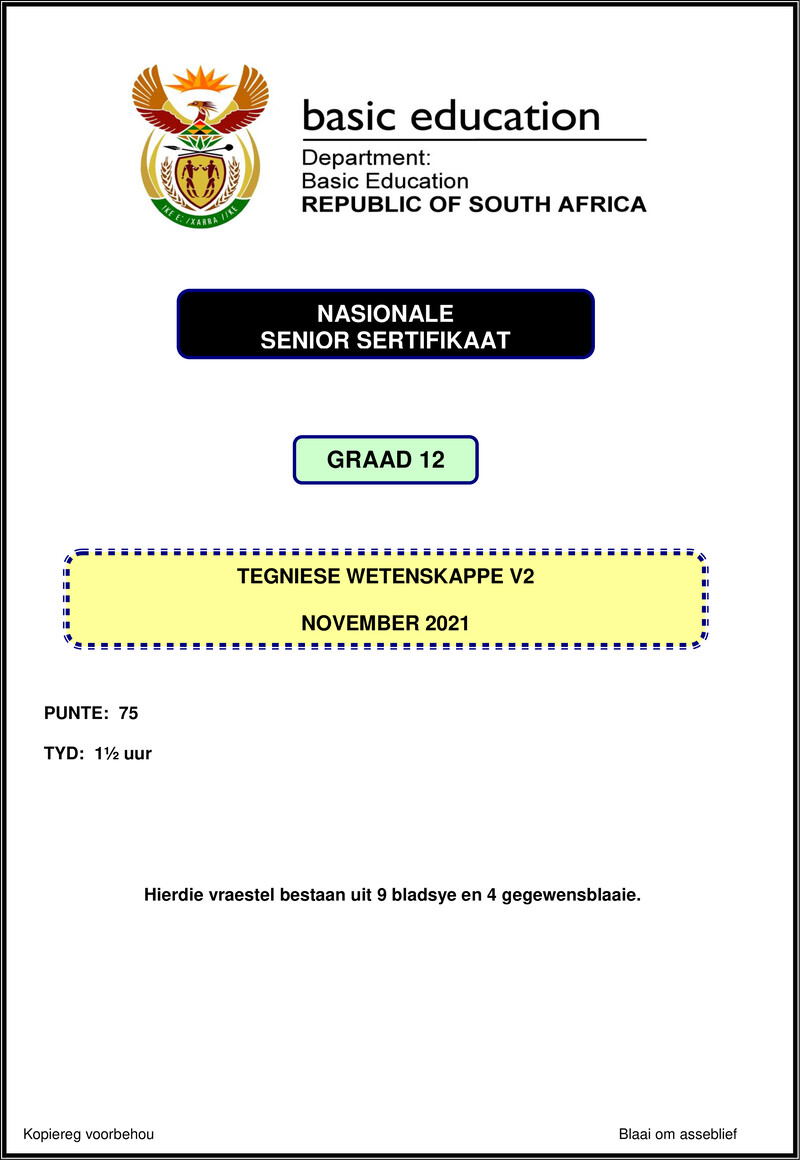 Grade 12 Technical Sciences past paper 2021 – technical sciences p2 nov 2021 afr gr12