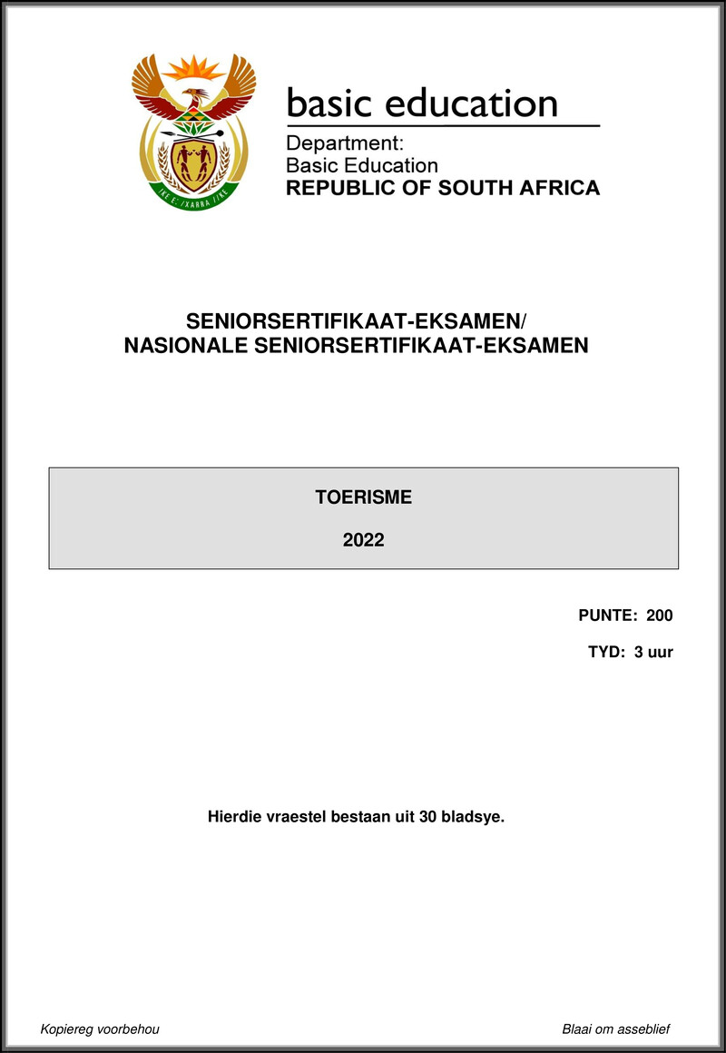 Grade 12 Tourism past paper 2022 – tourism may june 2022 afr gr12