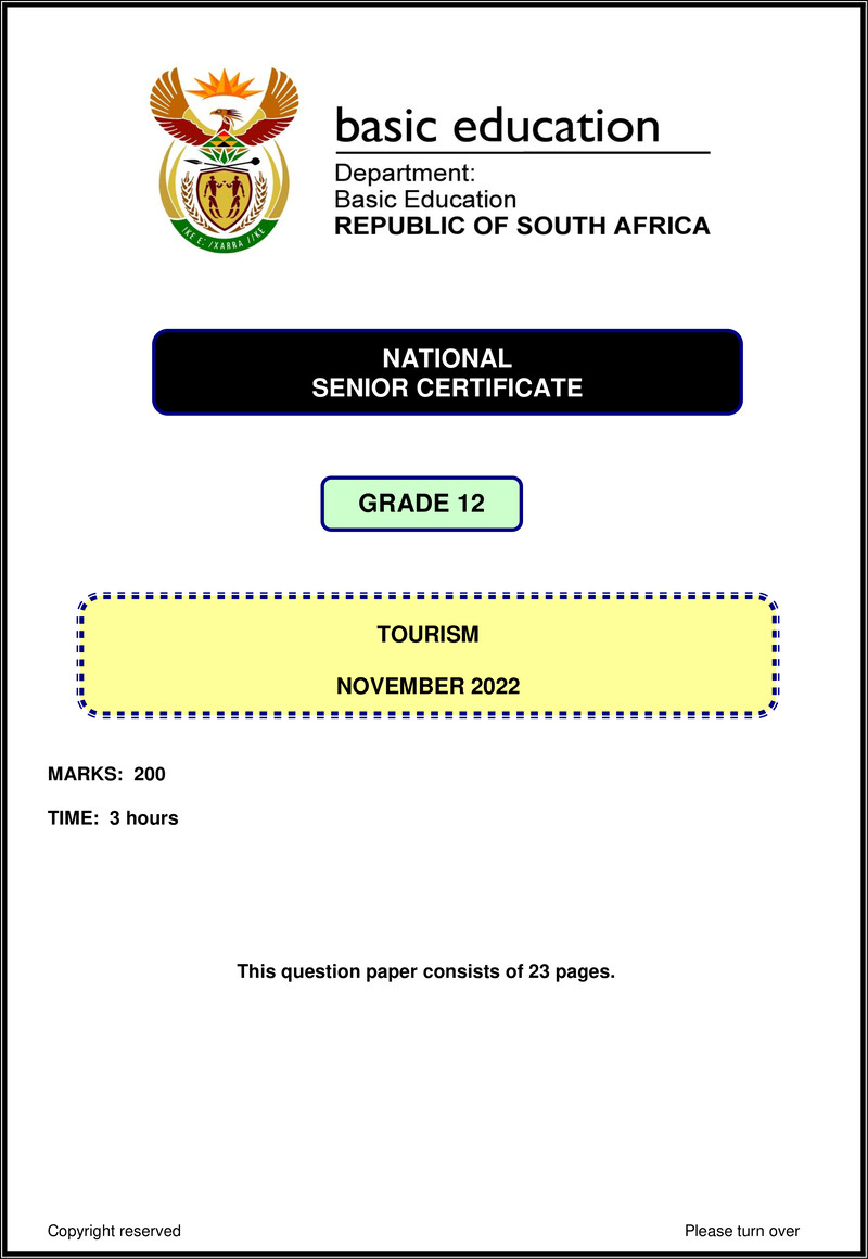 Grade 12 Tourism past paper 2022 – tourism nov 2022 eng gr12
