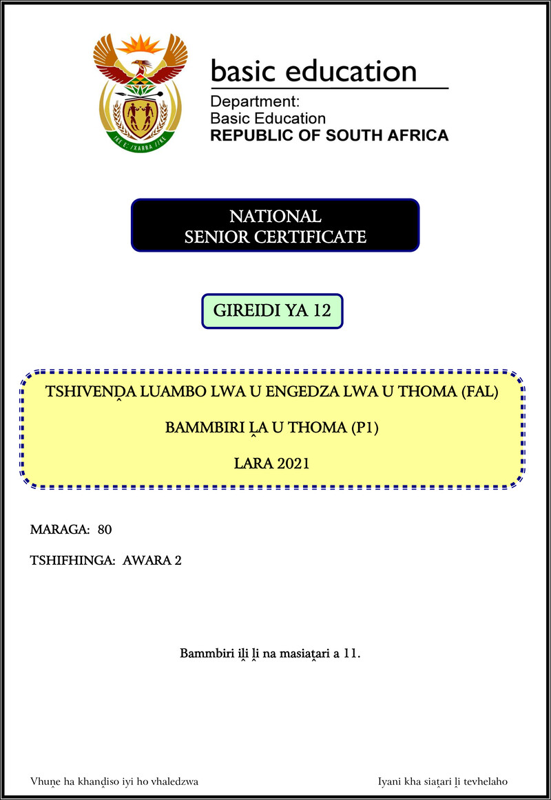 Grade 12 Tshivenda past paper 2021 – tshivenda fal p1 nov 2021 gr12