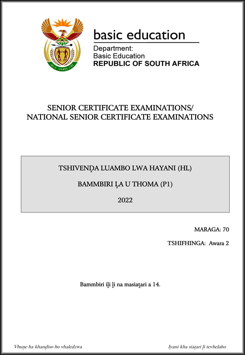 Tshivenda Hl P1 May June 2022 Gr12