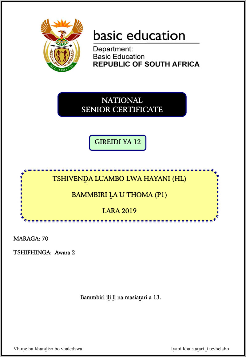 Tshivenda Hl P1 Nov 2019 Gr12