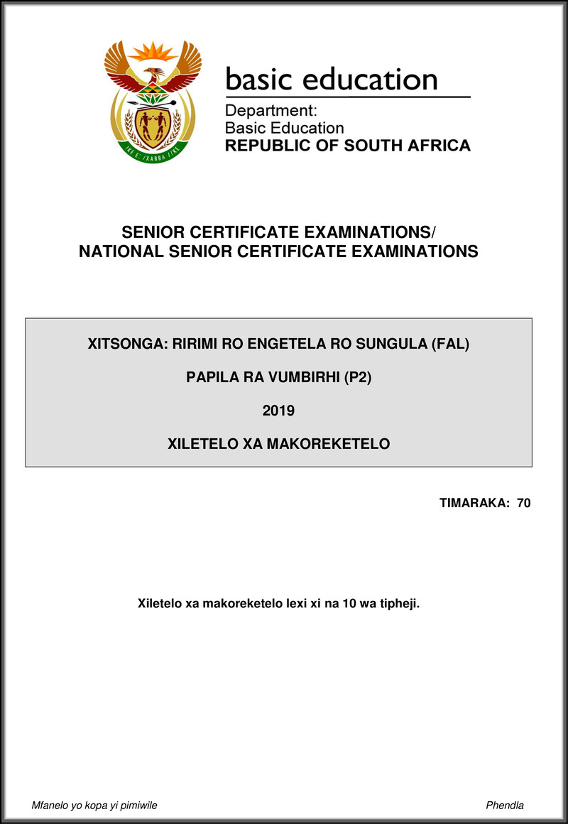 Grade 12 Xitsonga past paper 2019 – xitsonga fal p2 may june 2019 memo gr12