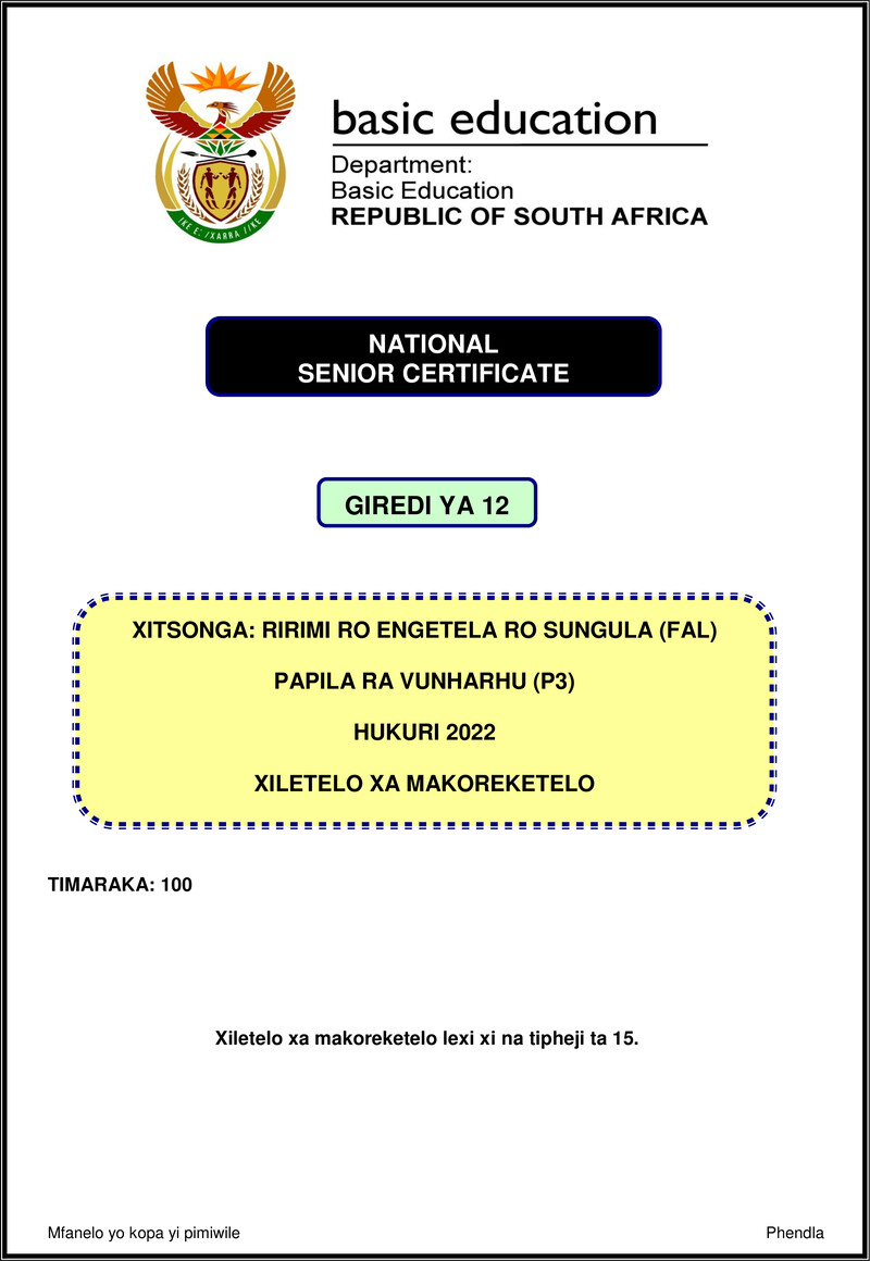Xitsonga Fal P3 Nov 2022 Mg Gr12