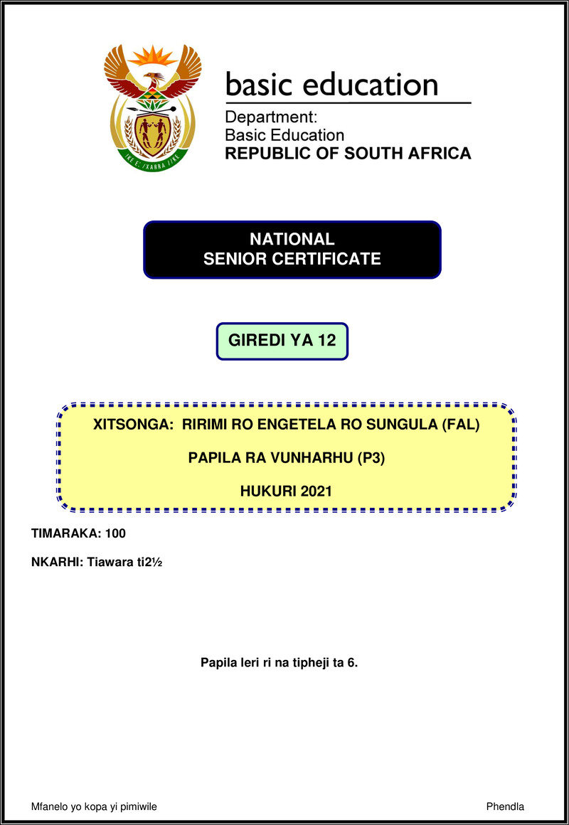 Xitsonga Fal P3 Nov 2021 Gr12