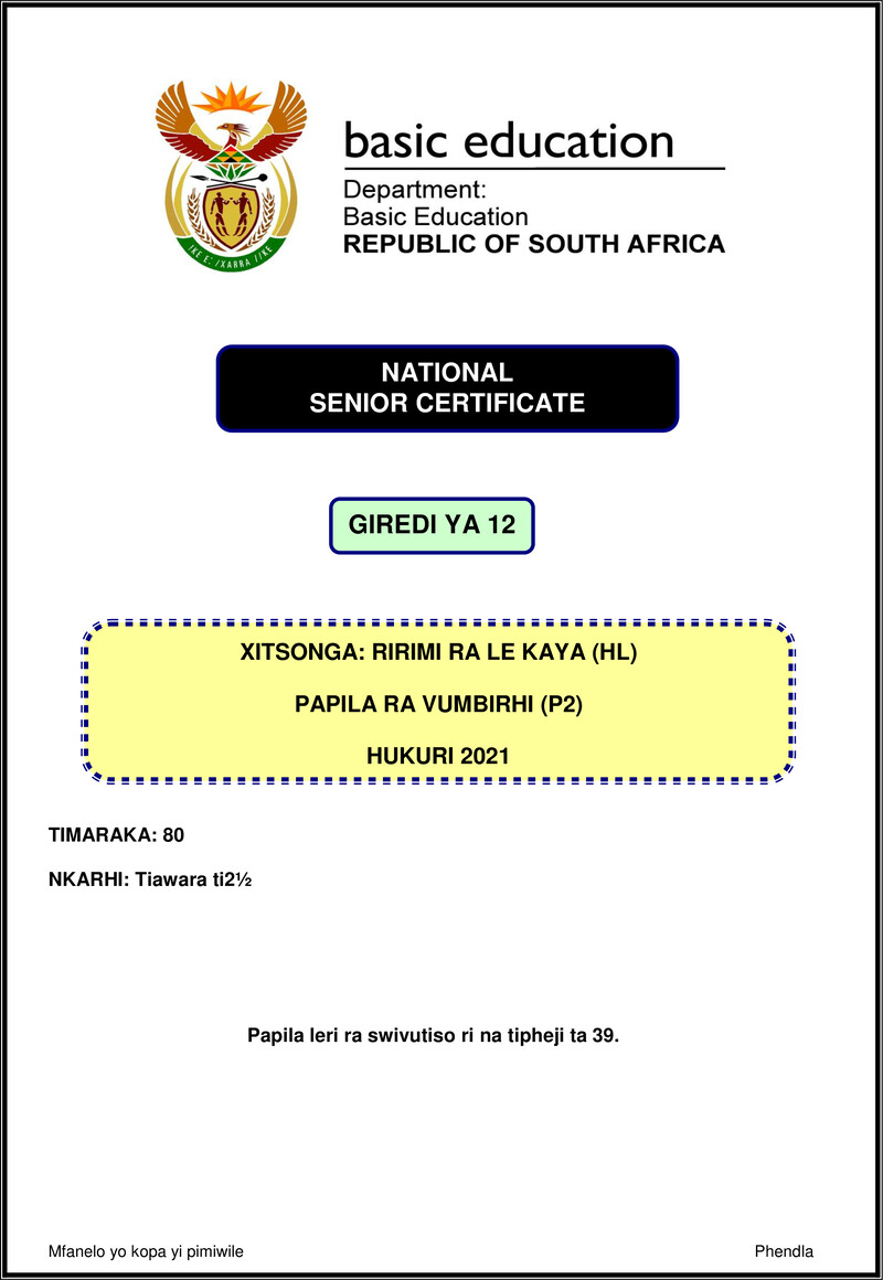 Xitsonga Hl P2 Nov 2021 Gr12