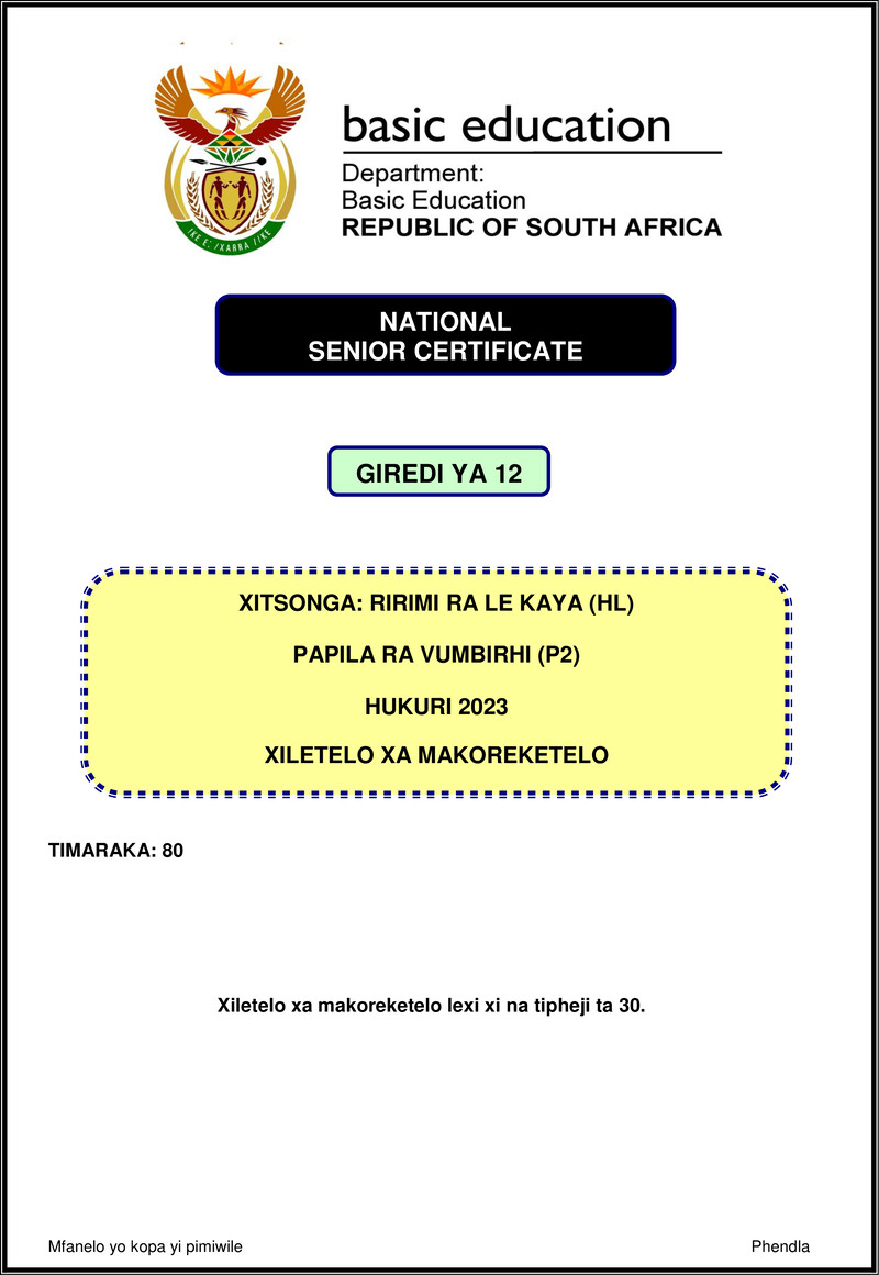 Xitsonga Hl P2 Nov 2023 Mg Gr12