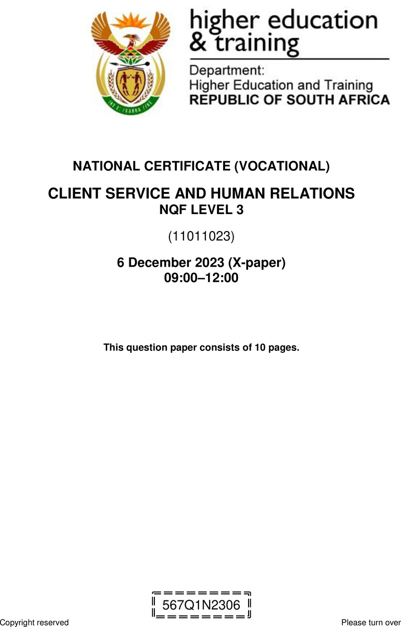 Nc470 Client Service And Human Relations L3 QP Nov 2023